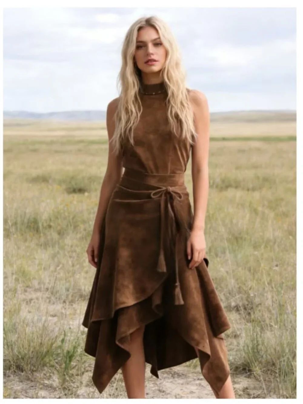 NWT Vintage Western Faux Suede Asymmetrical Midi Skirt Tassle Tie Irregular Hem